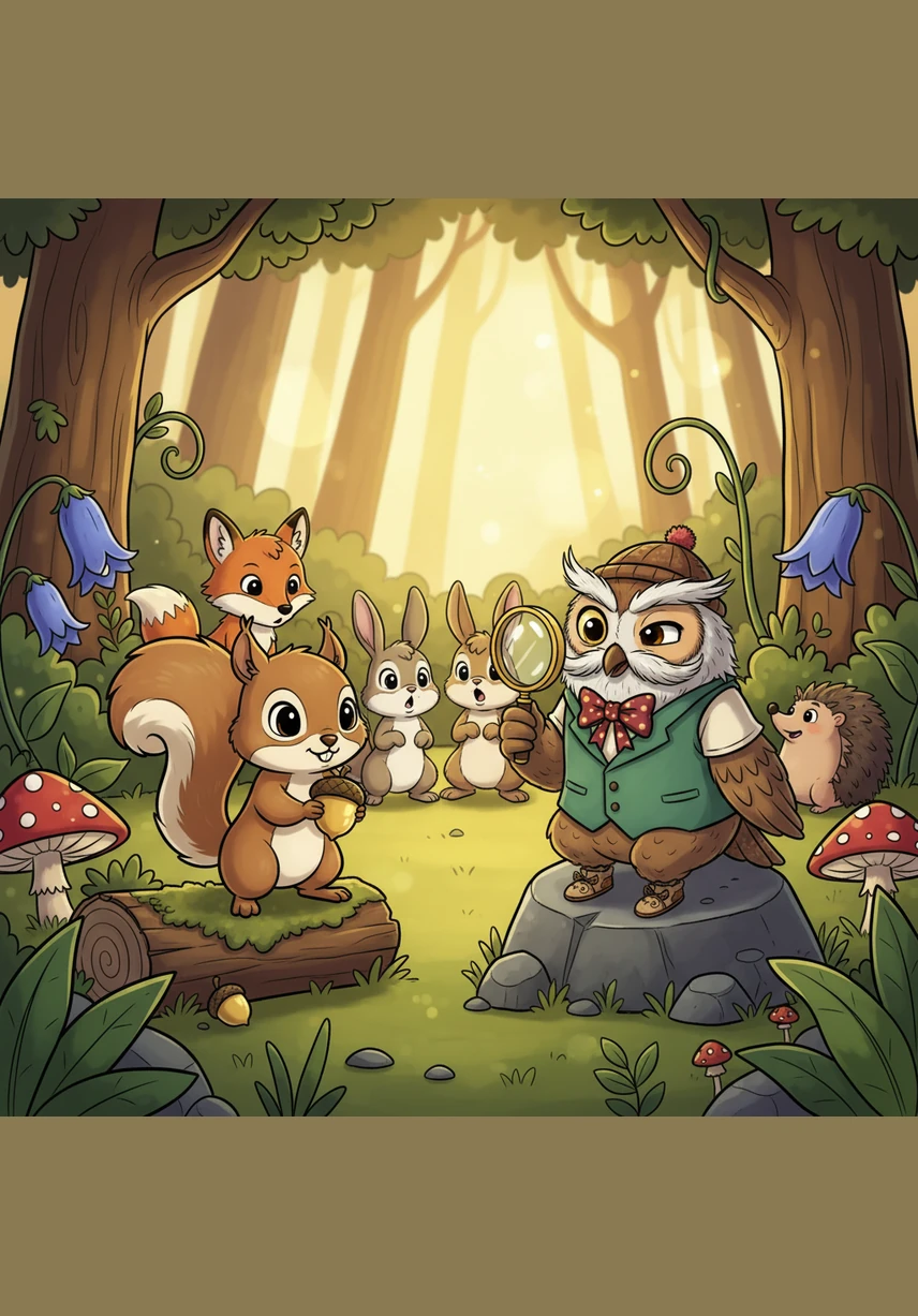 The path led Nutmeg into a hidden glade filled with giant, glowing mushrooms that pulsed with a soft, ethereal blue light. He hopped carefully from one fungal cap to another, feeling like he was walking through a dream beneath the thick forest canopy.