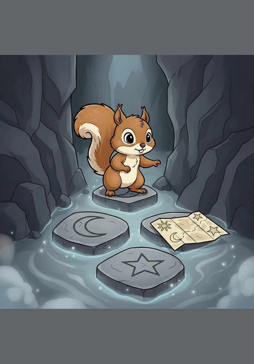 At the entrance of a narrow rocky pass, Nutmeg found a series of stepping stones arranged in a curious, ancient pattern. He remembered the symbols on his map and carefully hopped on the sun, the moon, and the star stones to safely unlock the way forward.