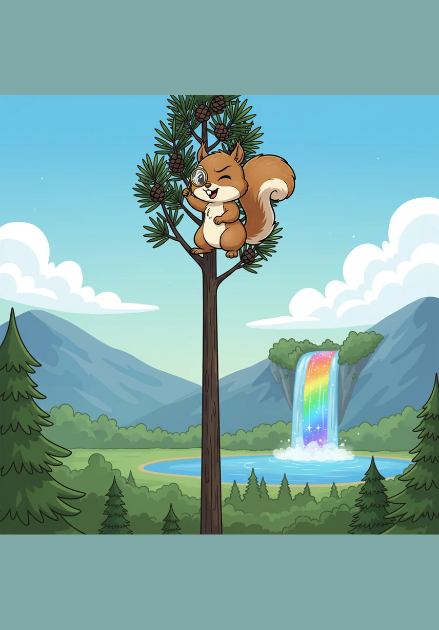 To get a better view of the landscape, Nutmeg scrambled up the tallest pine tree in the valley, his tiny claws gripping the rough bark. From the very top, he squinted through the leaves and spotted the shimmering Rainbow Falls exactly where the map said they would be.