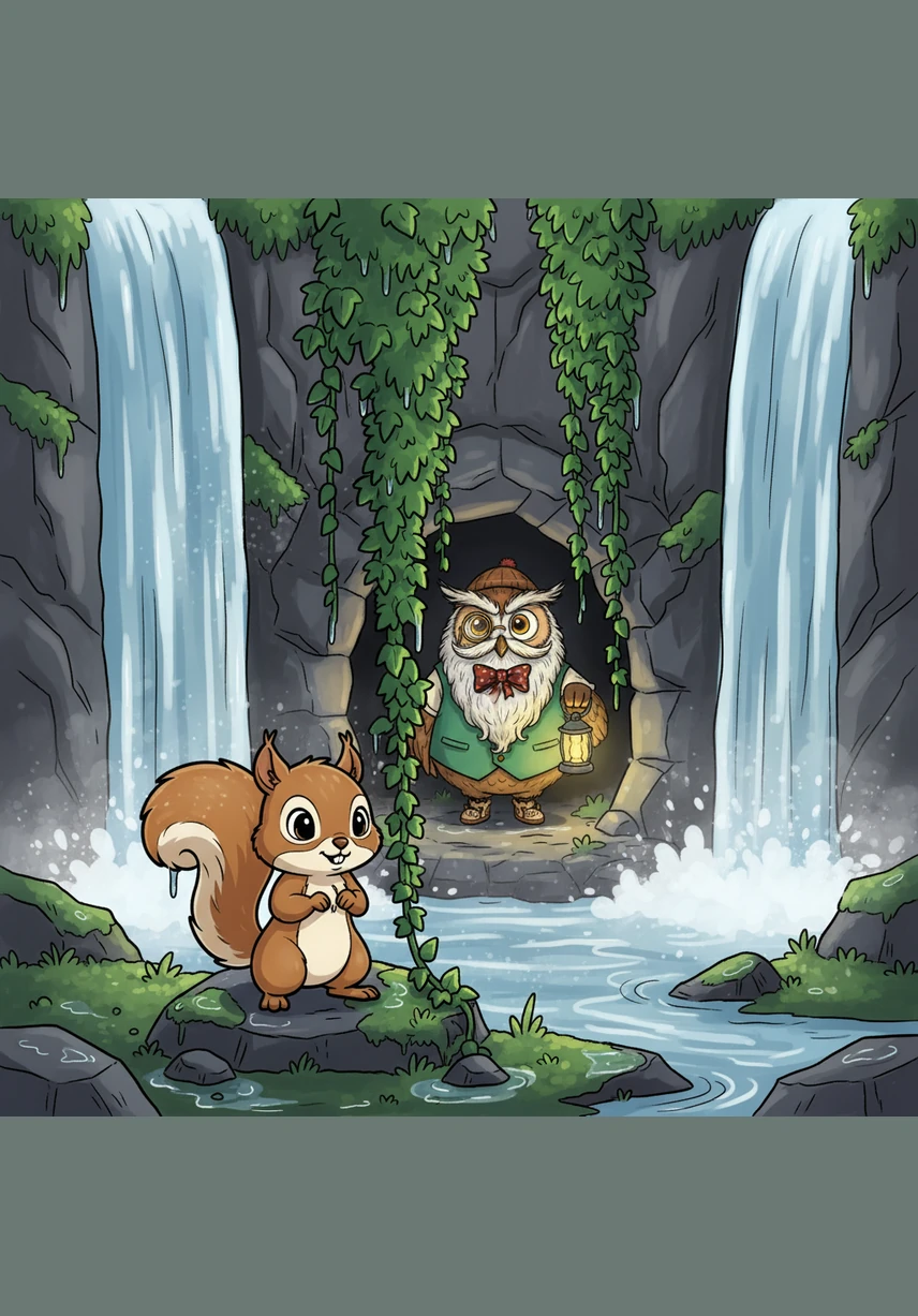 Beneath the cooling mist of the roaring waterfall, Nutmeg discovered a small, secret cave hidden behind a thick curtain of emerald ivy. The air inside was cool and smelled of damp earth, and the sound of the falling water echoed like a rhythmic drumbeat.