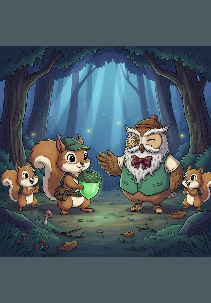 Nutmeg didn't keep the magical treasure for himself; instead, he invited all his forest friends to a grand feast in the clearing. Under the light of the full moon, they celebrated their friendship and the wonderful magic of a brave little squirrel's big adventure.