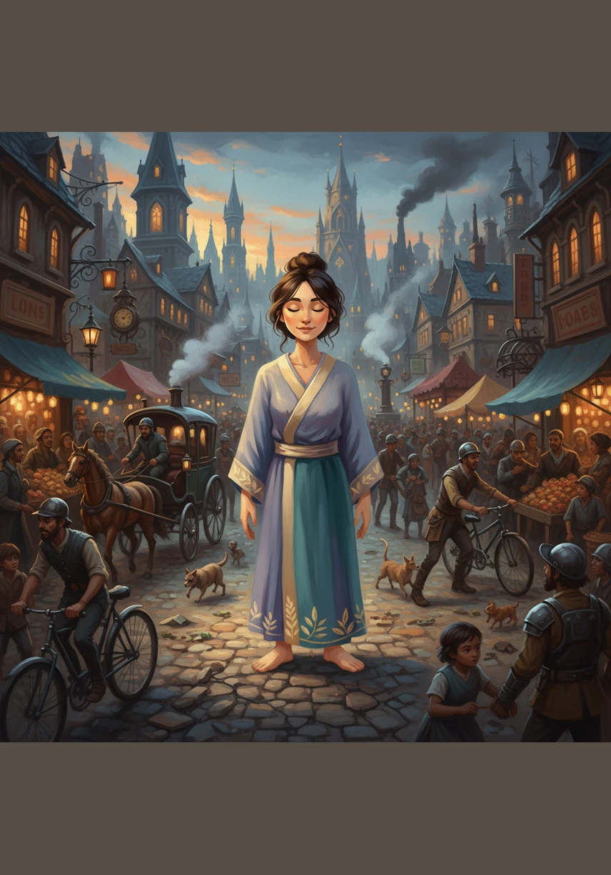 Elara stands in the center of a bustling city where the world moves in a blur of gray shadows and loud noises. She closes her eyes and takes a deep breath, trying to find a spark of stillness amidst the overwhelming rush of the crowd.