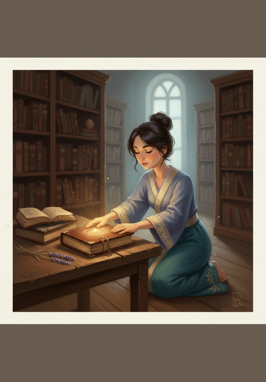 In the corner of a quiet library, Elara finds a journal that seems to pulse with a gentle, golden warmth. As she touches the cover, the air around her softens, and the faint scent of lavender and old paper fills the room.