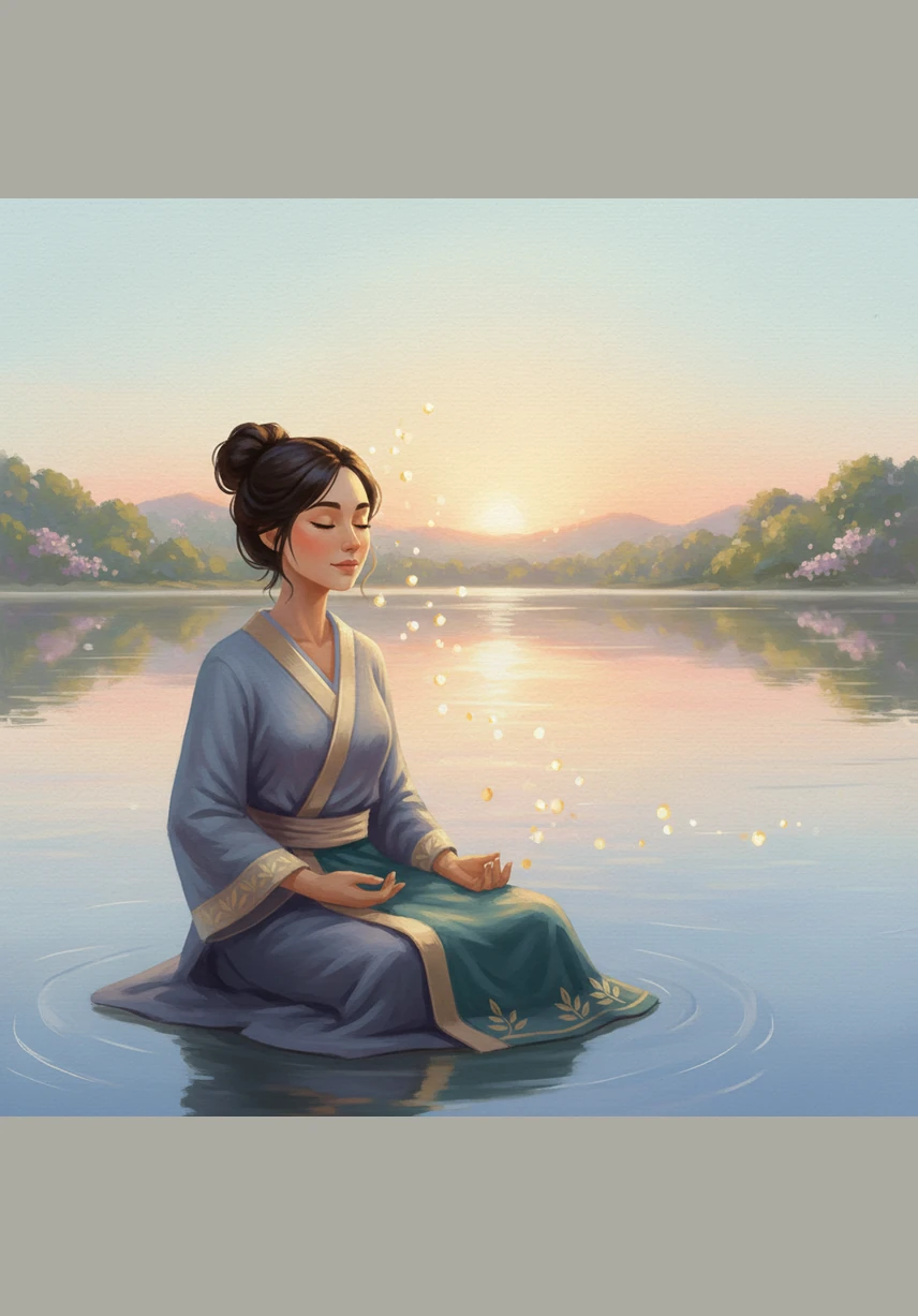 Elara practices a visualization technique, picturing herself sitting by a vast, tranquil ocean under a sky of soft pinks and oranges. She watches the waves gently lap at the shore, matching the steady rhythm of her own heartbeat.