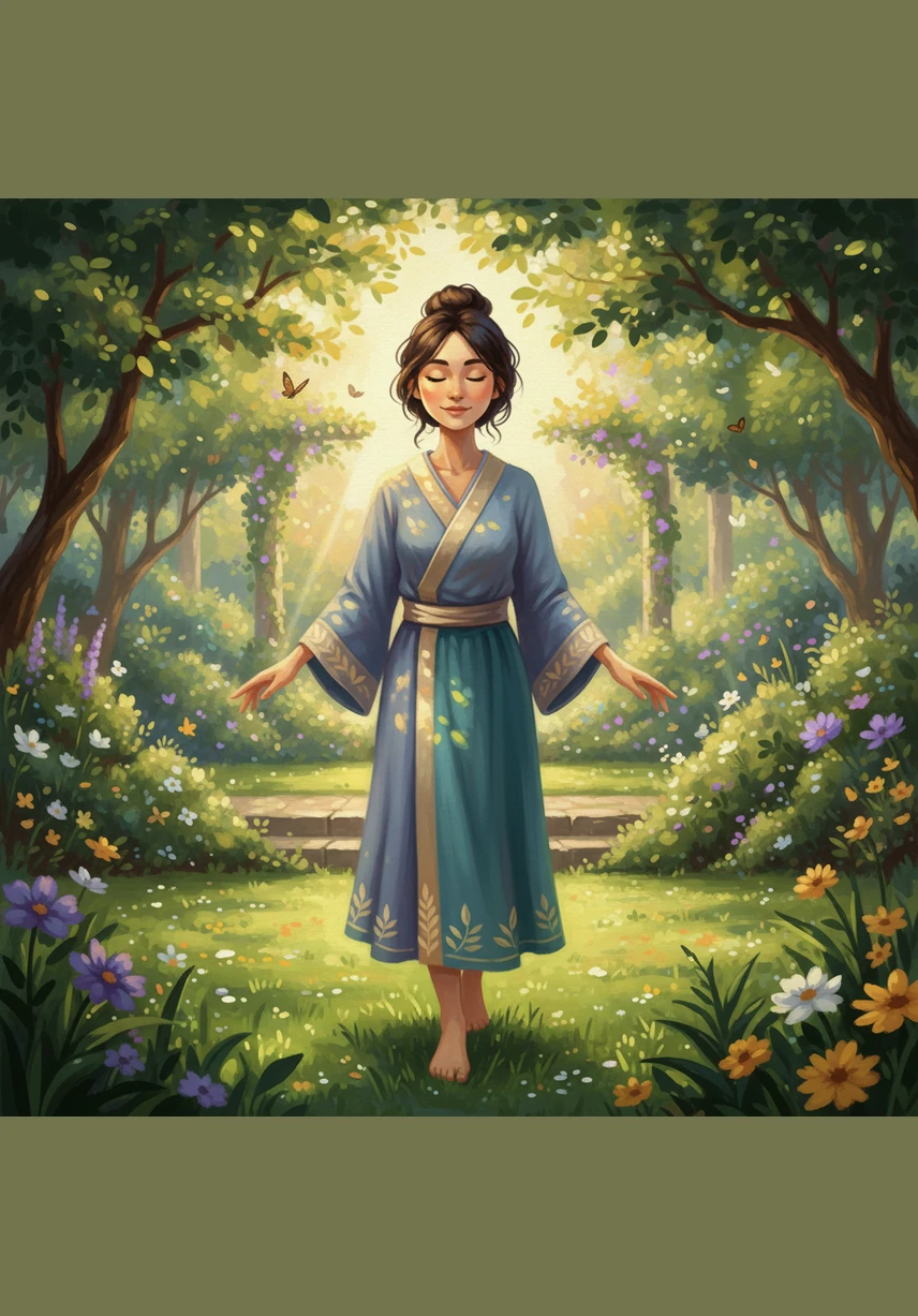 Walking through a lush garden, Elara practices mindful movement, feeling the texture of the grass and the warmth of the sun on her skin. She learns that peace is not just a destination but a way of experiencing the beauty of the present moment.