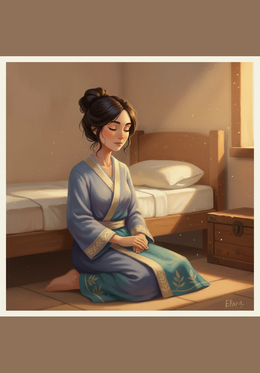 Under the glow of a bedside lamp, Elara looks through her completed pages, seeing a map of her own emotional growth. The once-intimidating journal is now a cherished companion, filled with personal wisdom and moments of self-love.