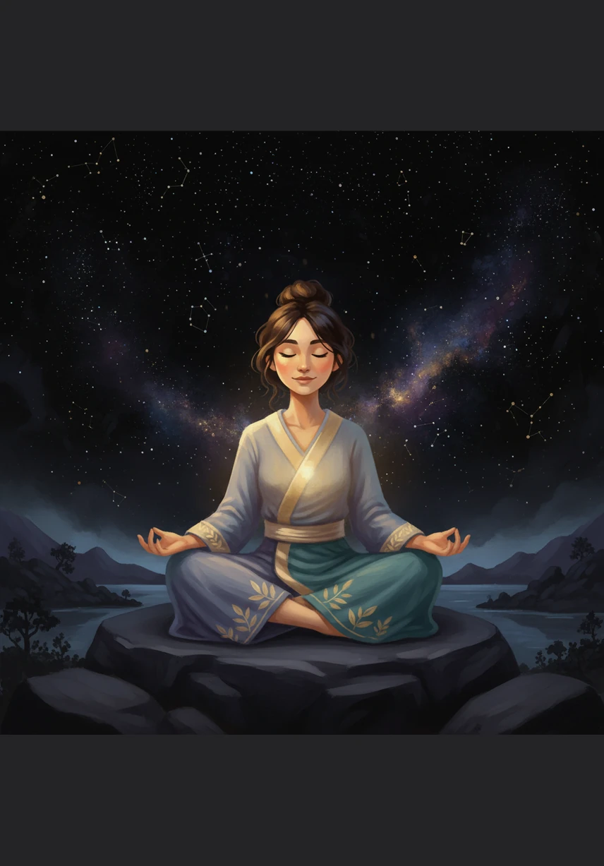Under a canopy of stars, Elara sits in perfect silence, feeling a profound connection to the universe and herself. She has transformed her inner world into a sanctuary, carrying the light of mindfulness wherever she goes.