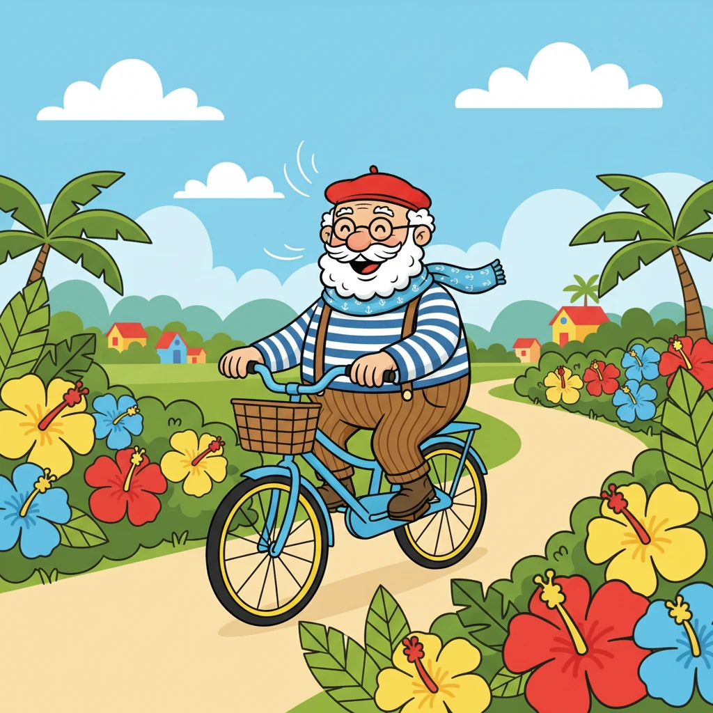 Après un délicieux petit-déjeuner préparé par Mamandouce, Tobi enfourche son vélo. Il roule joyeusement le long des routes bordées de fleurs tropicales, en direction de l'école à Rivière Saint-Louis. Le vent frais lui caresse le visage.