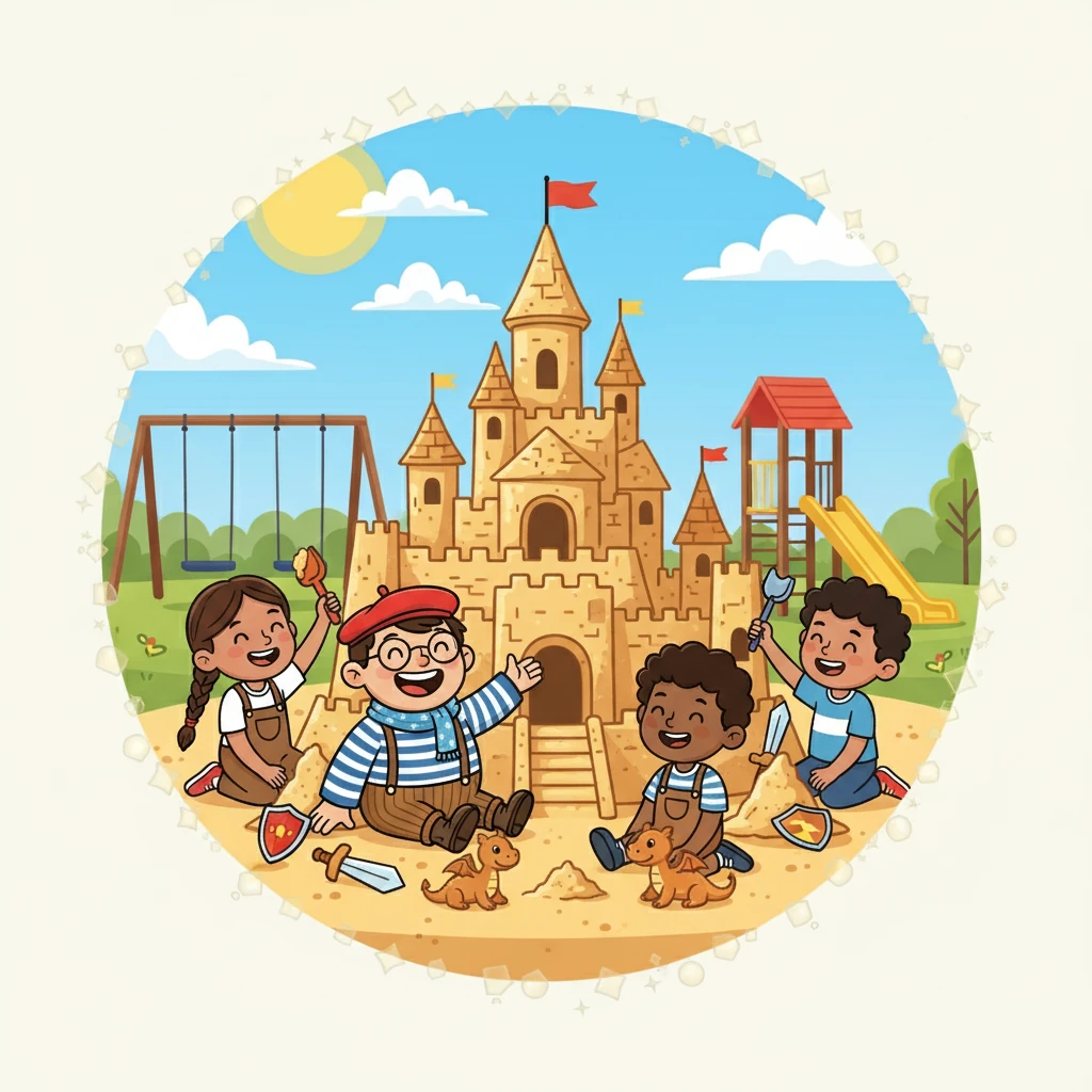 Pendant la récréation, Tobi et ses amis construisent un château de sable sur le terrain de jeux. Ils imaginent des histoires de chevaliers et de dragons, leurs rires résonnant dans l'air. L'imagination est leur plus grand trésor.