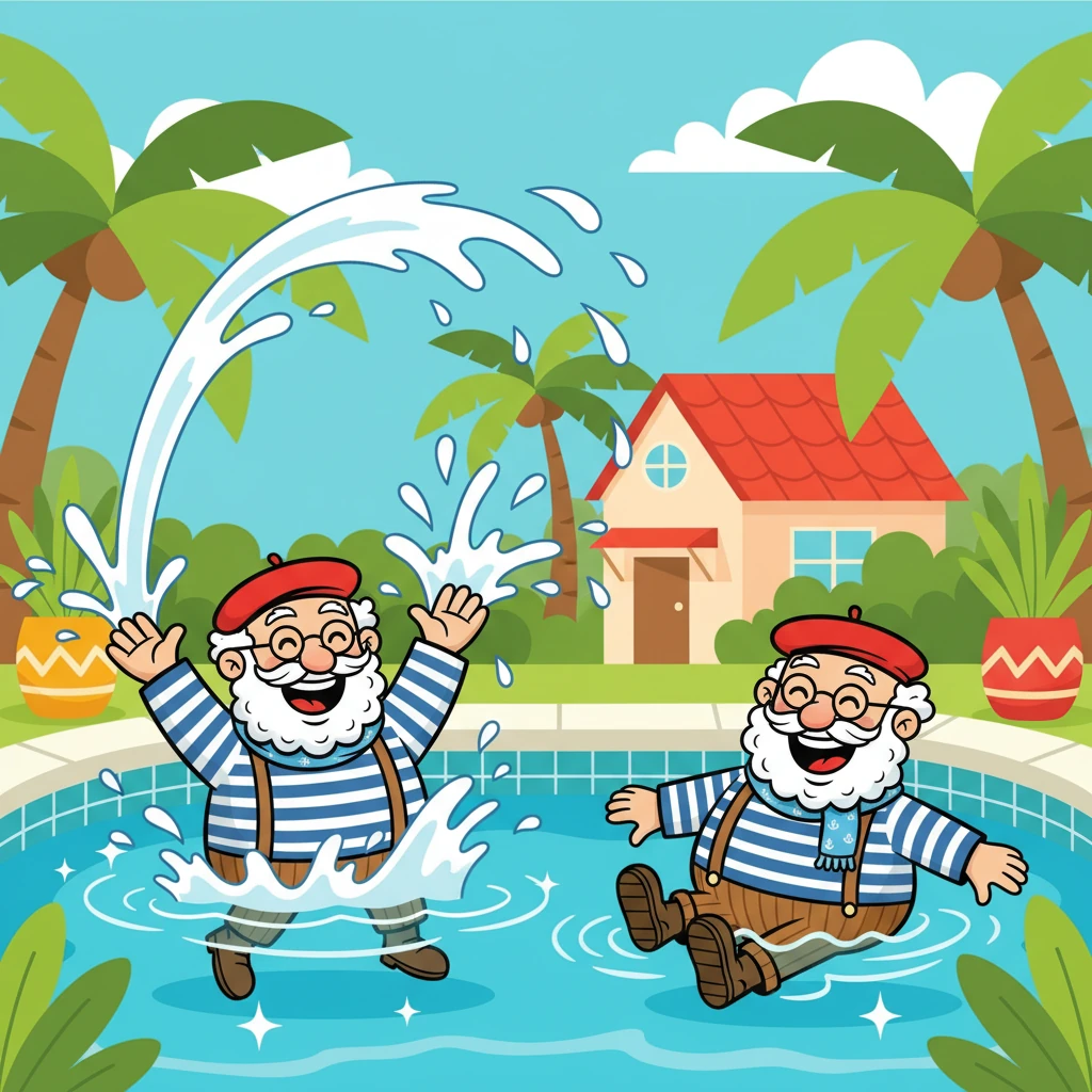 De retour à la maison, Tobi retrouve son frère Tamo. Ensemble, ils nagent dans la piscine étincelante, éclaboussant et s'amusant comme des fous. L'eau fraîche est un vrai bonheur après une journée d'école.