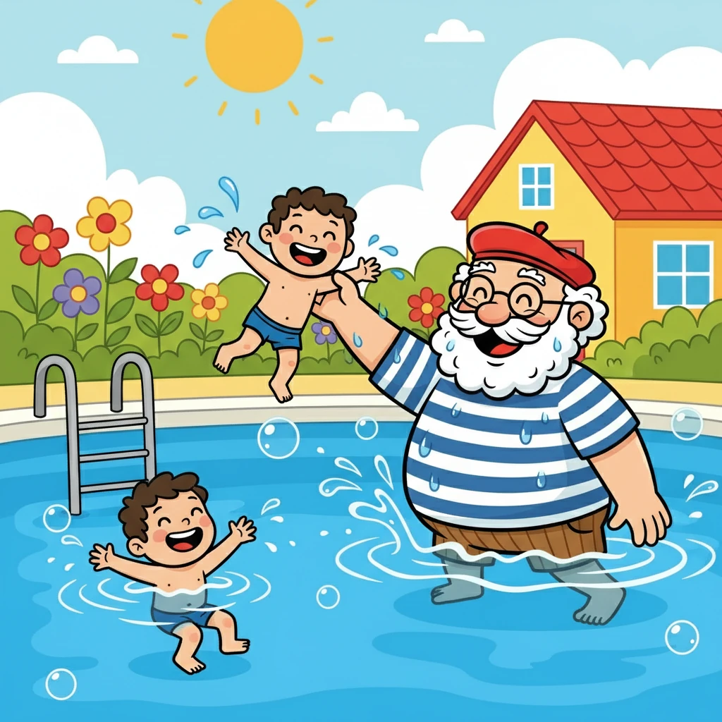 Papadoux, le papa de Tobi, rentre du travail et les rejoint dans la piscine. Il joue avec eux, partageant des moments de complicité et de bonheur familial. Les rires fusent et l'amour règne.