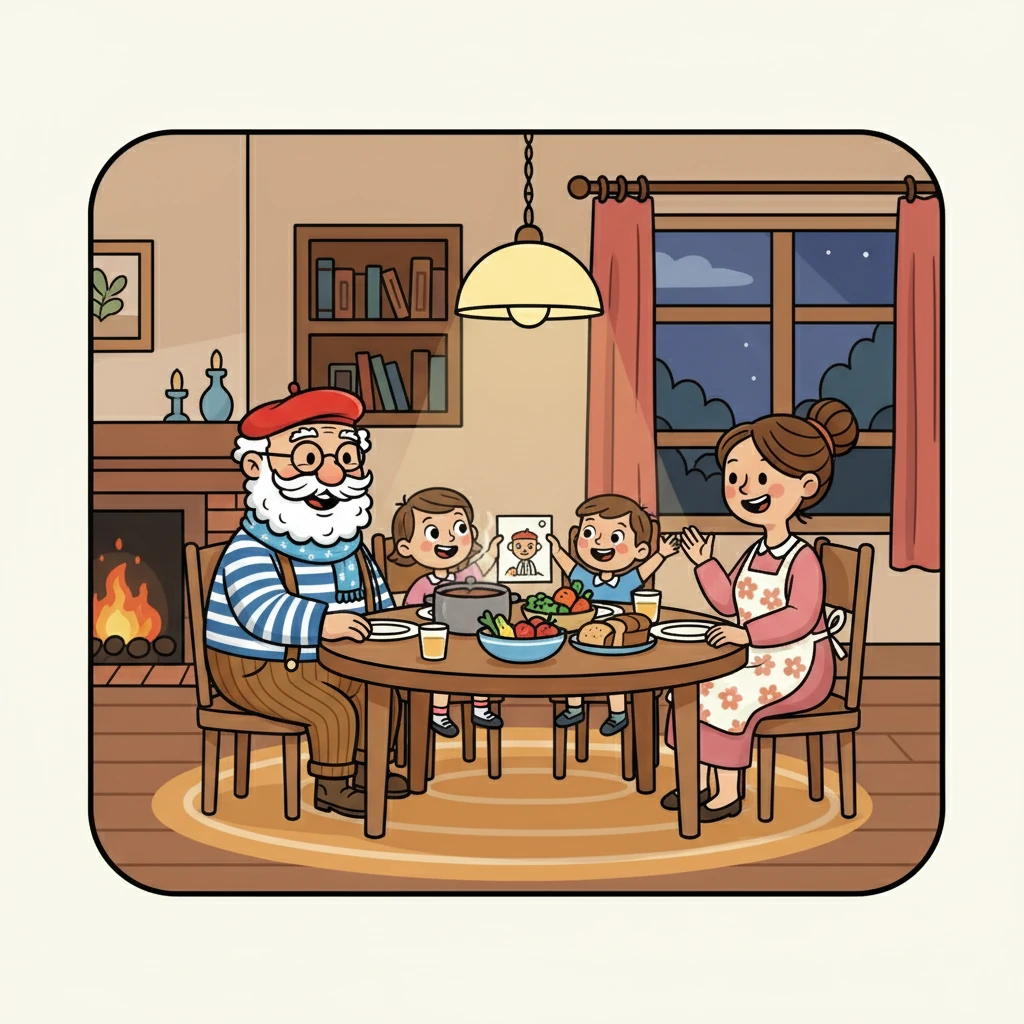 Le soir, Mamandouce prépare un délicieux dîner. Tobi, Tamo, Papadoux et Mamandouce se réunissent autour de la table, partageant leurs histoires de la journée. La maison est remplie de chaleur et de joie.