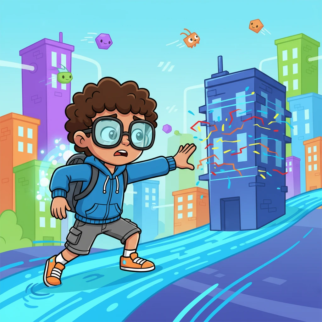 Pixel, a small, energetic character with a glowing backpack, zoomed through a vibrant digital city. Data streams flowed like rivers, and friendly code creatures zipped past. Suddenly, Pixel noticed tiny, mischievous glitches causing little sparks and wobbly lines on some of the digital buildings.
