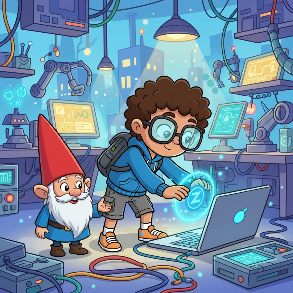 The Data Gnome presented Pixel with a shimmering, circular device. "This is the Zscaler Shield," he explained. "It will create a strong, invisible barrier around every laptop, keeping out the sneaky digital dust bunnies and cyber-snails." Pixel carefully attached it to a glowing laptop.
