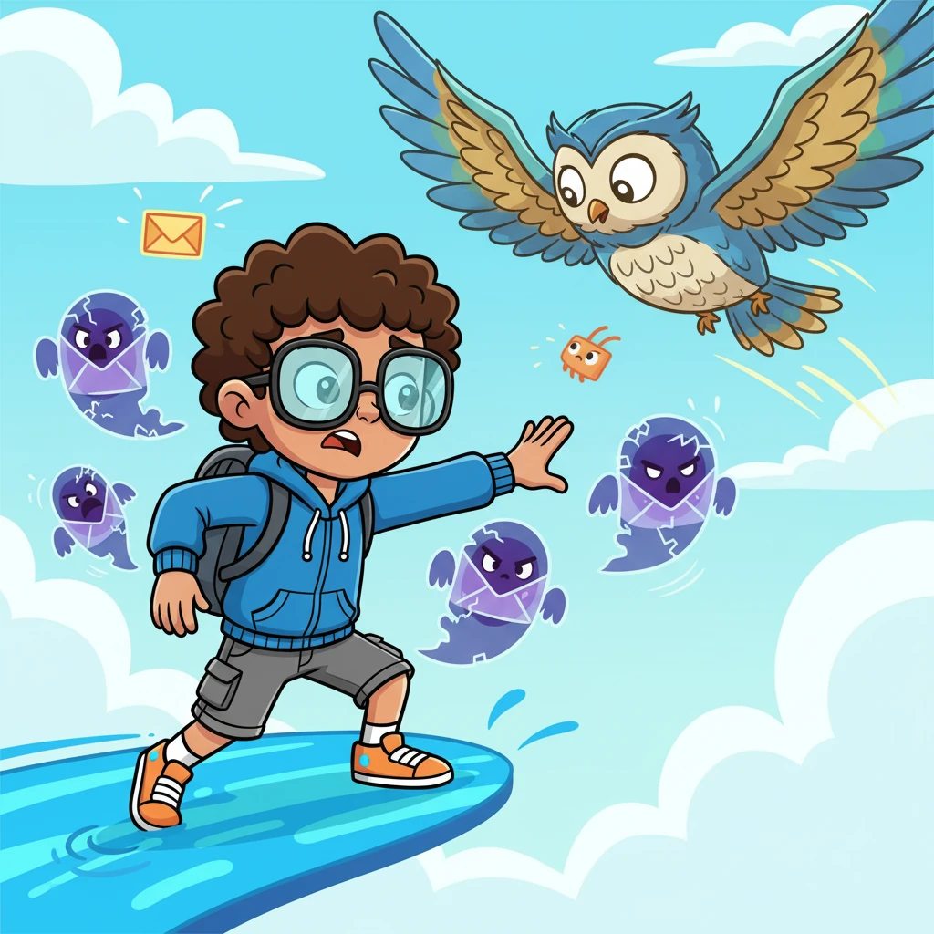 As they traveled, Pixel saw grumpy "Phishing Phantoms" disguised as friendly messages, trying to trick little email-birds into opening bad links. "This is why we need strong Email Security!" cried Pixel, as a bright, watchful owl-sprite swooped in to scare the phantoms away.