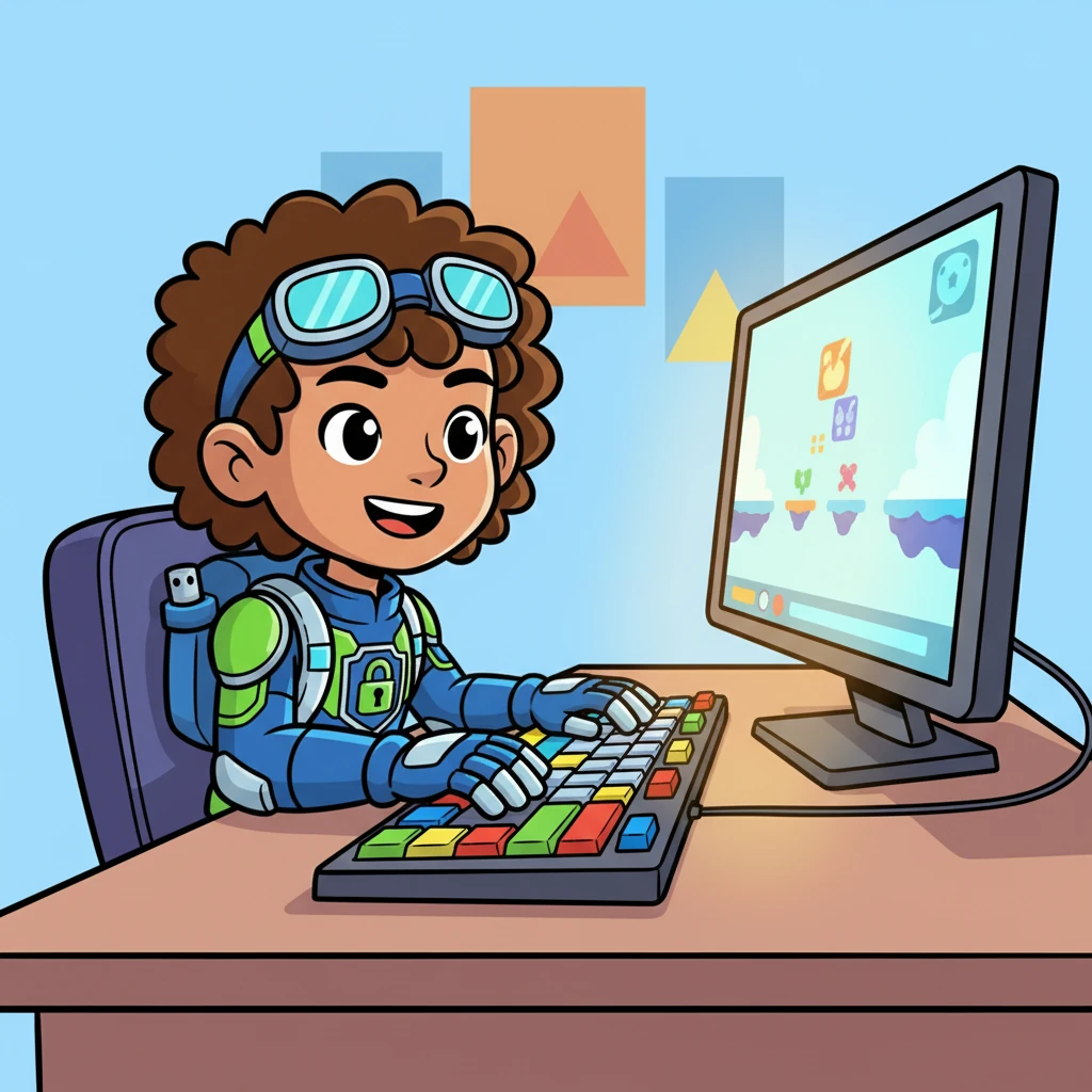 Bytey, a cheerful little robot, sat happily at a bright, colorful computer. The screen glowed with a fun game, and Bytey's metallic fingers tapped away, enjoying every moment of digital play.