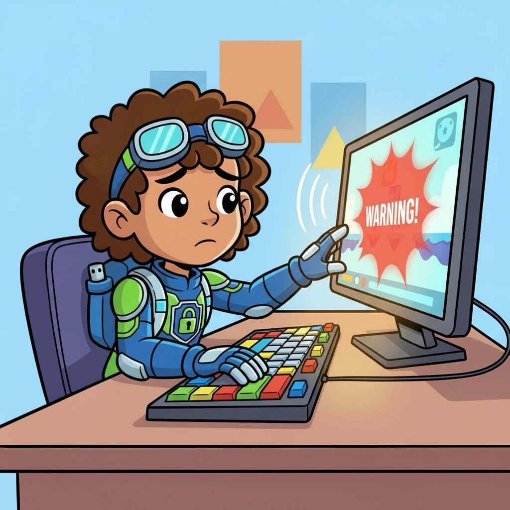 Bytey looked confused and a little scared as the game froze and a big, red 'WARNING!' sign flashed across the screen. The computer made worried beeping sounds, and Bytey knew something was wrong.