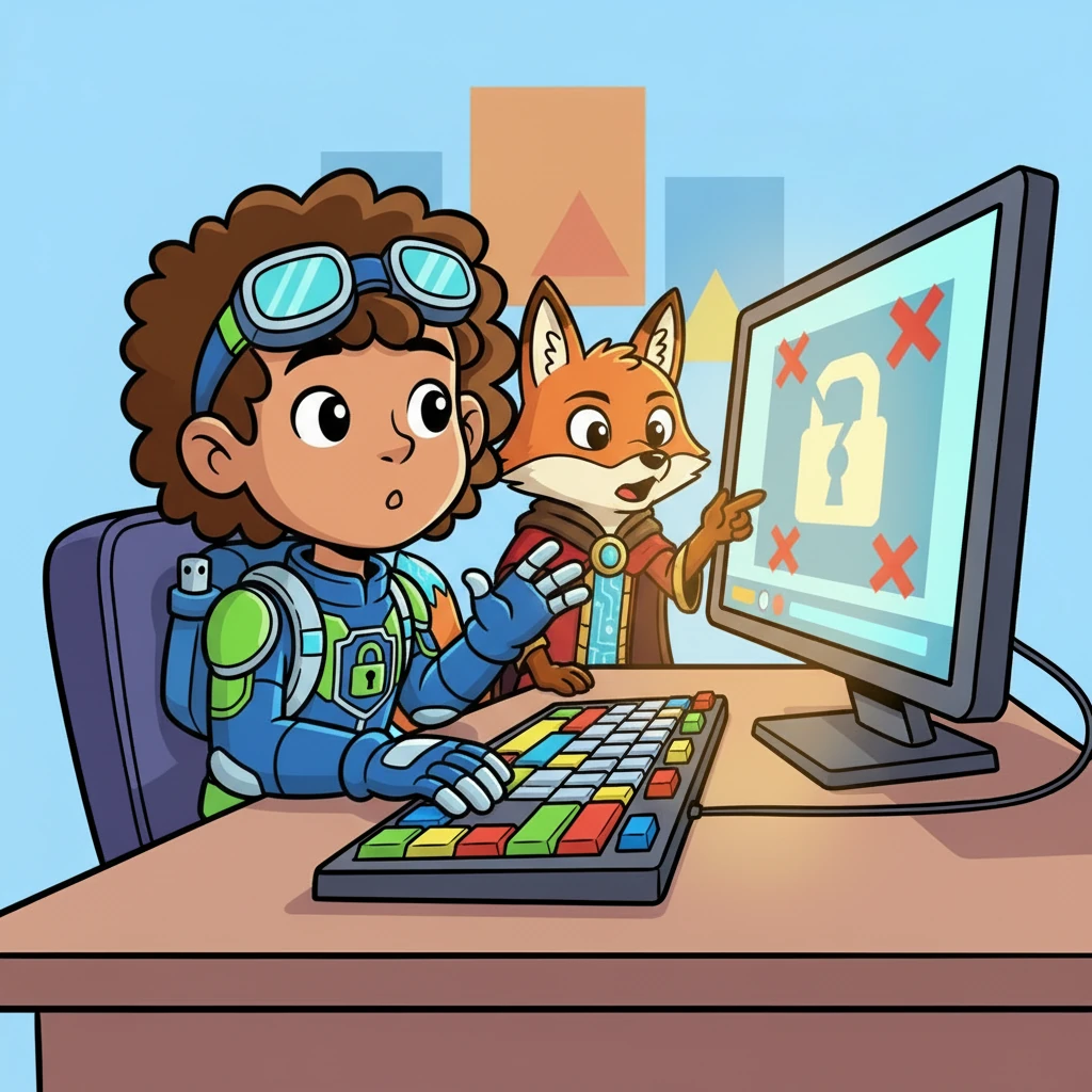 Just then, a wise old Firewall Fox appeared beside Bytey, its fur a warm orange. 'To keep your computer safe, you need strong digital locks!' it explained, pointing to the flickering screen. 'Like a secret password!'.