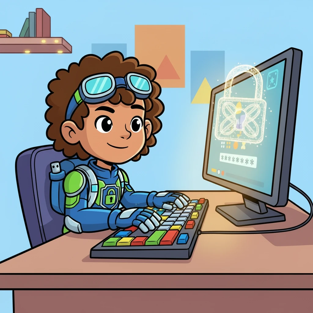 Bytey listened carefully, then thoughtfully typed a long, secret password, making sure it was unique and tricky. A magical digital lock shimmered into existence on the screen, protecting the computer.