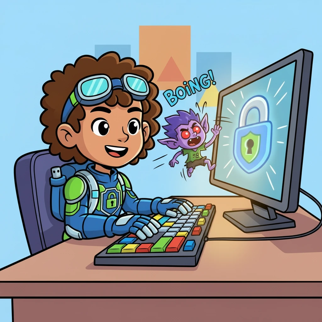 The Glitch Goblin tried to sneak back in, but it bounced right off the new, strong password lock with a surprised 'Boing!' It looked very frustrated as it couldn't get past Bytey's clever defense.