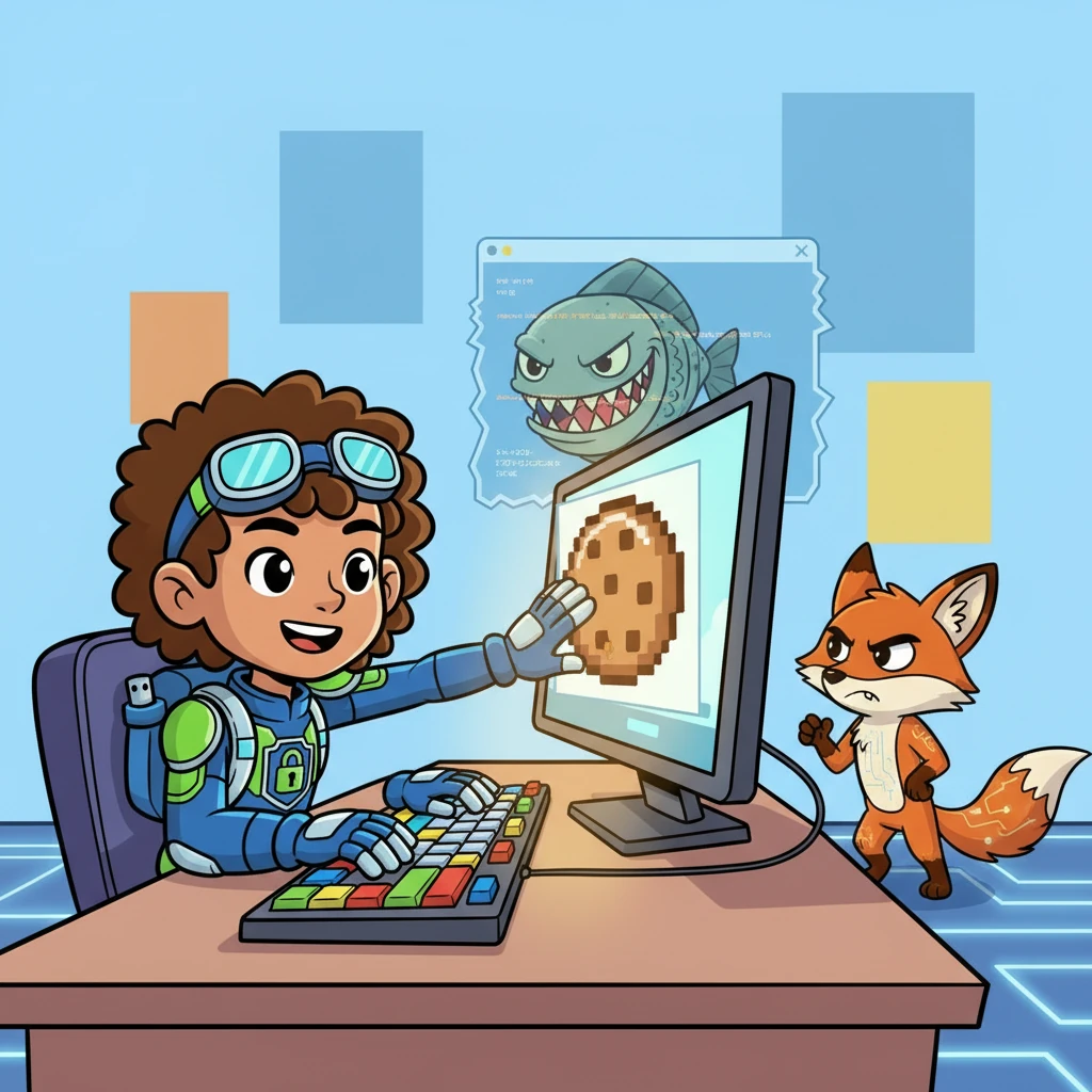 Later, a sneaky Phishing Piranha, disguised as a friendly pop-up, tried to trick Bytey into clicking a suspicious button. It promised free digital cookies, but Firewall Fox saw its tricky smile.