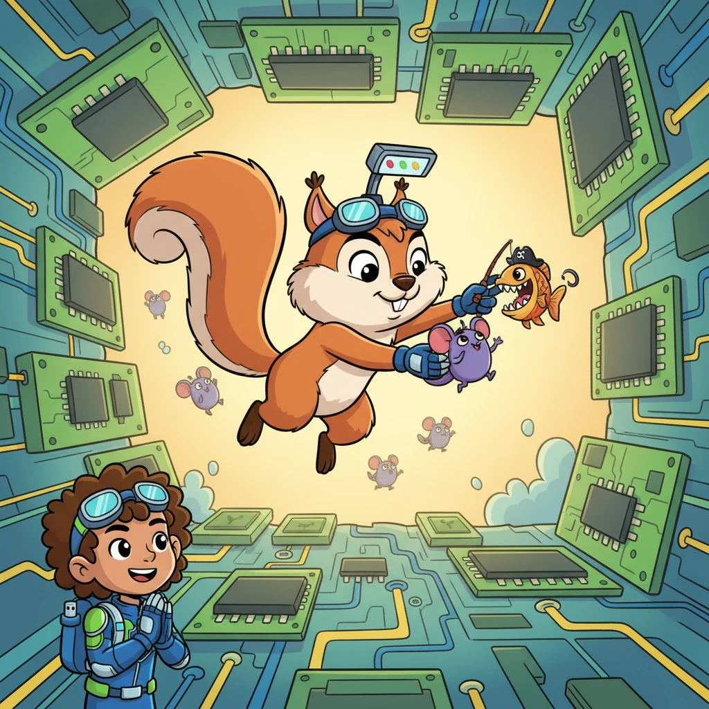 The Scanning Squirrel quickly found the Phishing Piranha and other tiny Malware Mice hiding in the computer's corners. With a quick swoop, it safely removed all the unwanted guests.