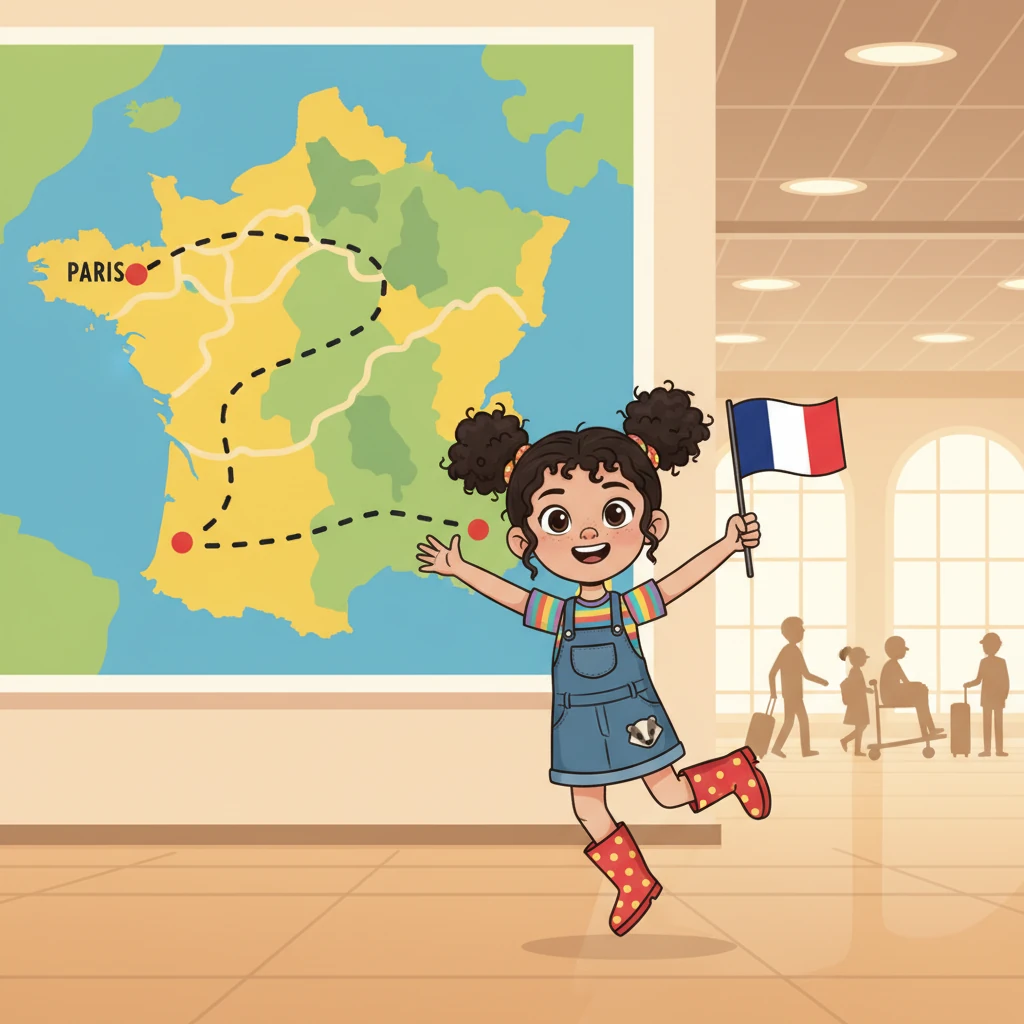Lily, a cheerful girl with a small backpack, arrives at Charles de Gaulle Airport in Paris, her eyes wide with excitement. A dotted travel route line begins on a map of France in the background, showing her starting point in Paris. She clutches a small French flag, ready for her grand adventure.