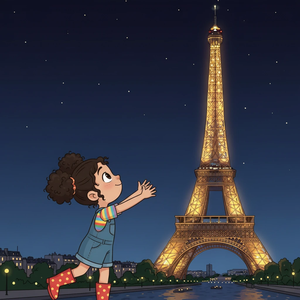 Under the twinkling evening lights, Lily stands in awe before the magnificent Eiffel Tower, its iron lacework glowing against the dark sky. The travel route on the map shows a small circle around the Eiffel Tower within Paris. She gazes up, completely mesmerized by the iconic landmark.
