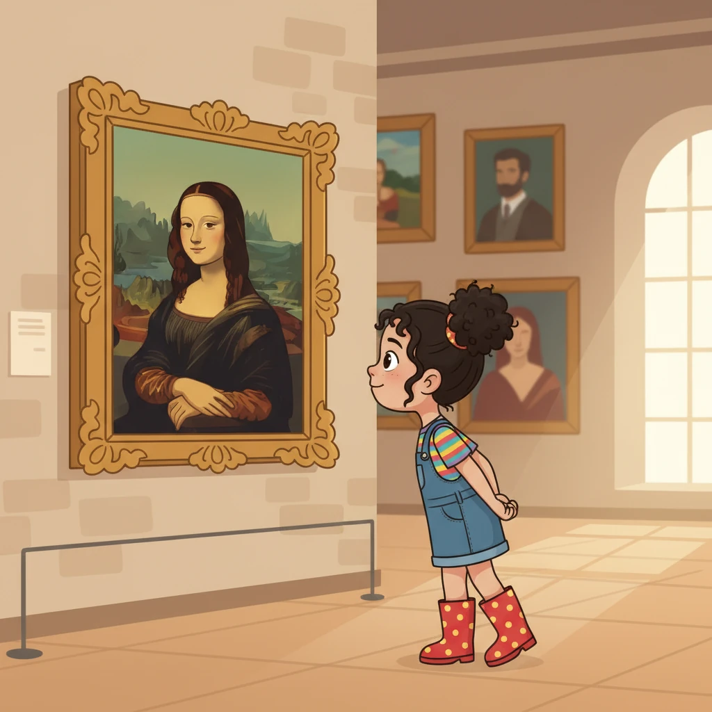 Inside the grand Louvre Museum, Lily marvels at the famous Mona Lisa, a tiny smile playing on her own lips as she tries to understand the painting's mystery. The travel route indicates a move to the Louvre, still within Paris. Other famous artworks are visible in the background.