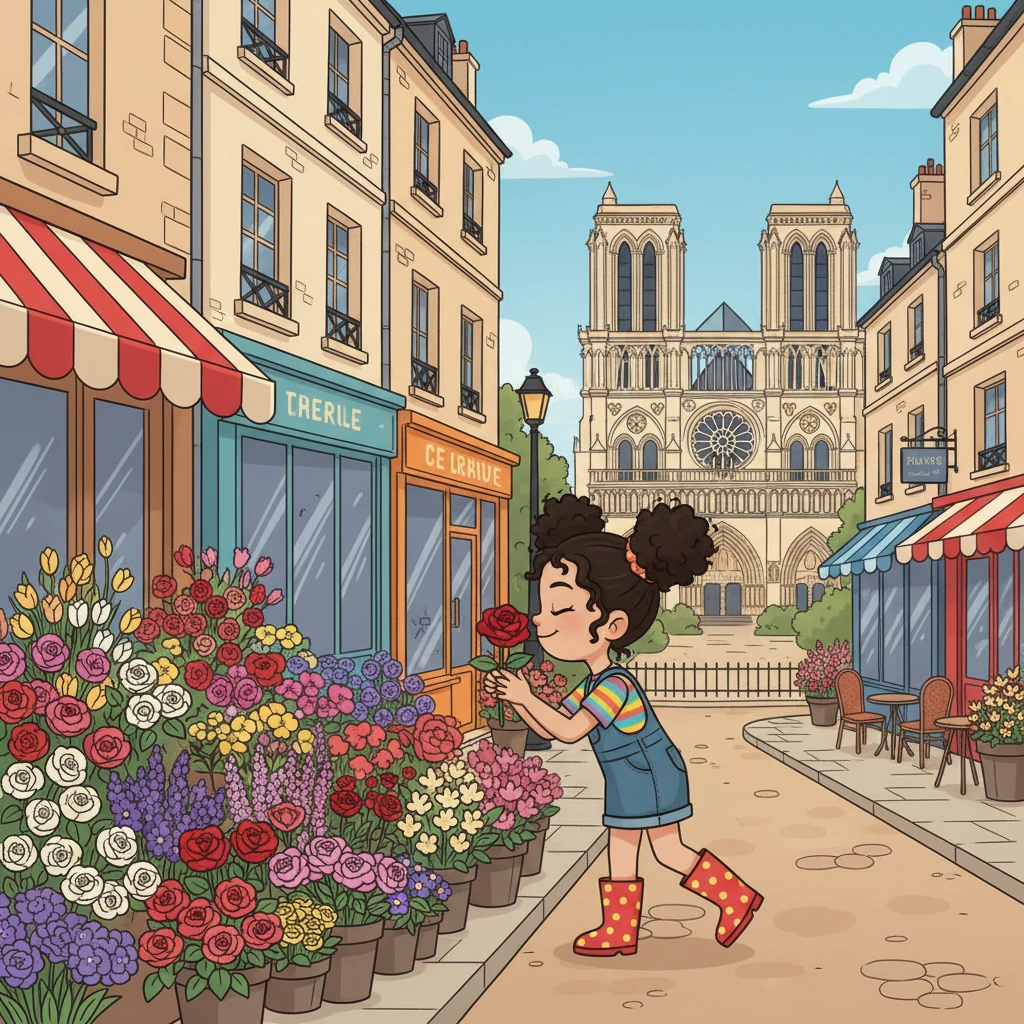 Lily strolls along a charming Parisian street, lined with quaint cafes and bustling shops, a distant view of Notre Dame Cathedral's majestic facade visible. The travel route traces a path through the heart of Paris. She stops to admire a colorful flower stall.