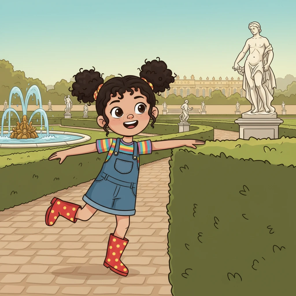 At the opulent Palace of Versailles, Lily explores the vast, meticulously manicured gardens, feeling like royalty as she wanders past fountains and statues. The travel route extends from Paris to Versailles. She imagines grand balls and royal parades.