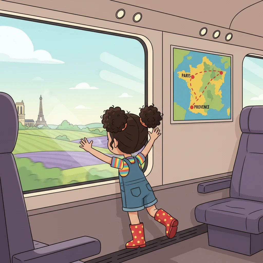 Lily waves goodbye to Paris from the window of a high-speed TGV train, the French countryside blurring past as she journeys south towards Provence. The travel route on the map clearly shows a long line stretching from Paris down to the Provence region. Her face is pressed against the window, eager for new sights.