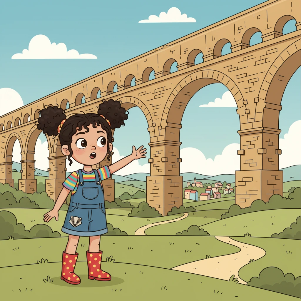 Lily stands before the ancient Roman aqueduct of Pont du Gard, its colossal arches spanning the river, a testament to engineering marvels. The travel route shows her journeying from the village to this historic site. She imagines the Romans who once walked here.