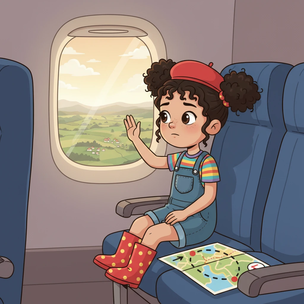 With a heart full of wonderful memories and a souvenir beret, Lily departs from France, looking back at the beautiful country from her airplane window. The travel route on the map shows a complete circuit of her amazing journey, ending with an arrow pointing away from France. She smiles, already dreaming of her next adventure.