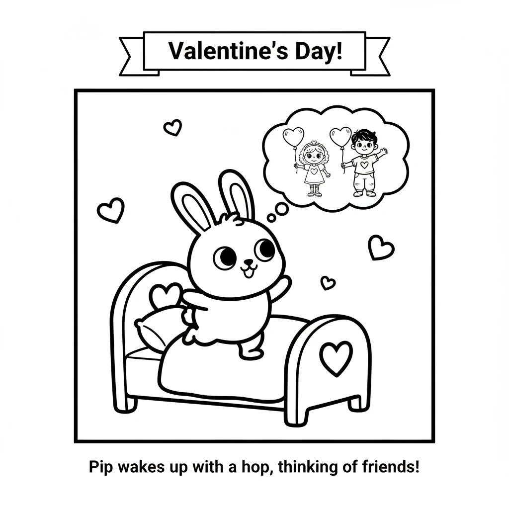 Pip the bunny wakes up with a little hop. Today is Valentine's Day, a day for sharing love and friendship! Pip wiggles their nose, thinking of all the