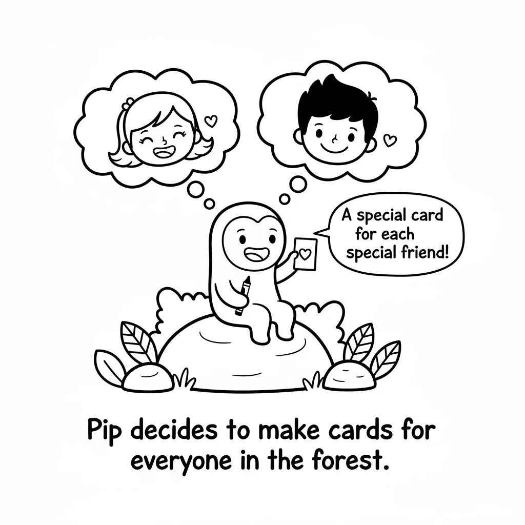 Pip decides to make cards for everyone in the forest. "A special card for each special friend!" Pip chirps. They imagine happy smiles.