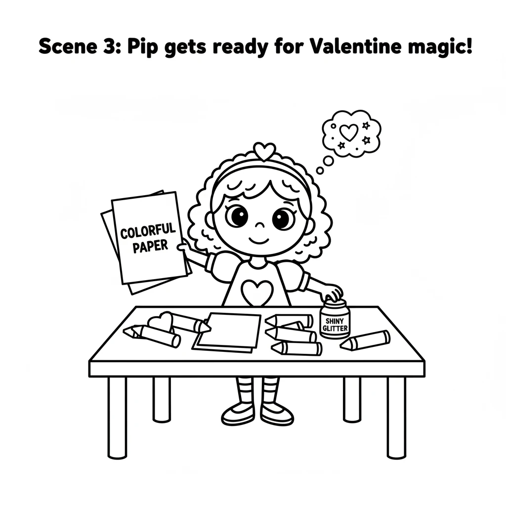 Pip gathers colorful paper, big crayons, and a tiny pot of shiny glitter. The crafting table is ready for some Valentine magic.