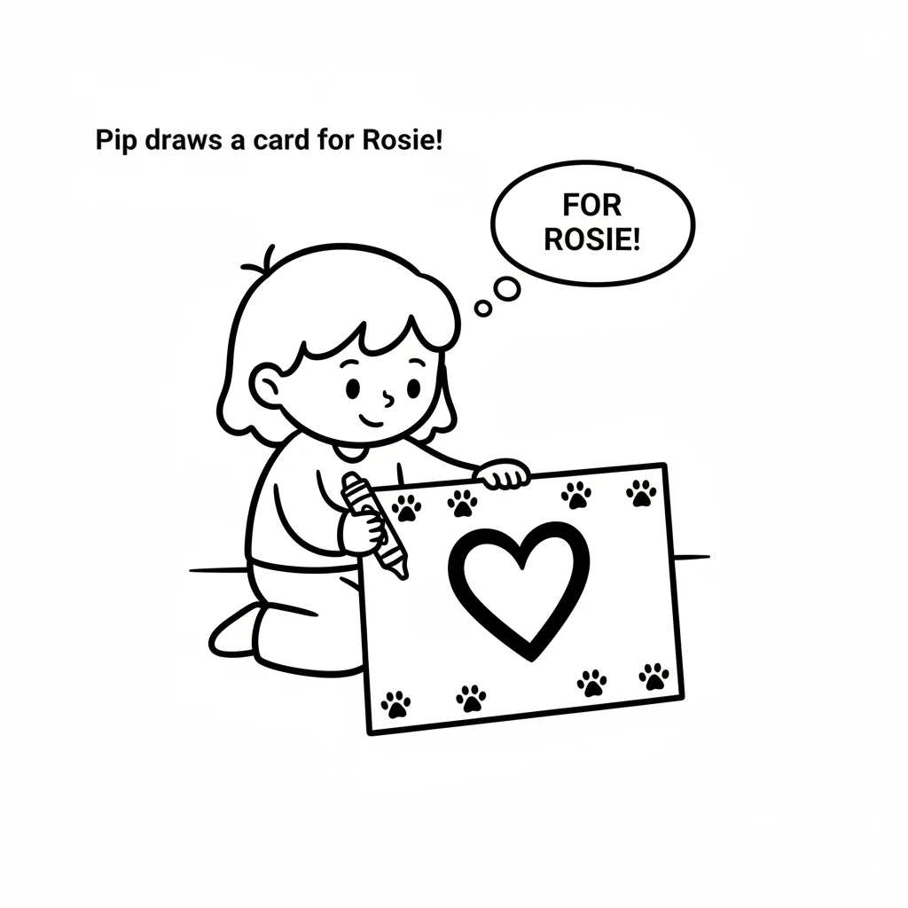 Pip carefully draws a big heart on a card for Rosie the Squirrel. Little paw prints decorate the edges.