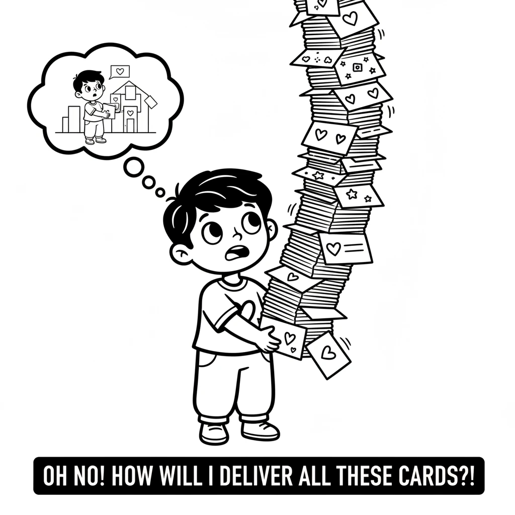 After making many cards, Pip realizes they need to deliver them all! The pile of handmade greetings is quite tall.