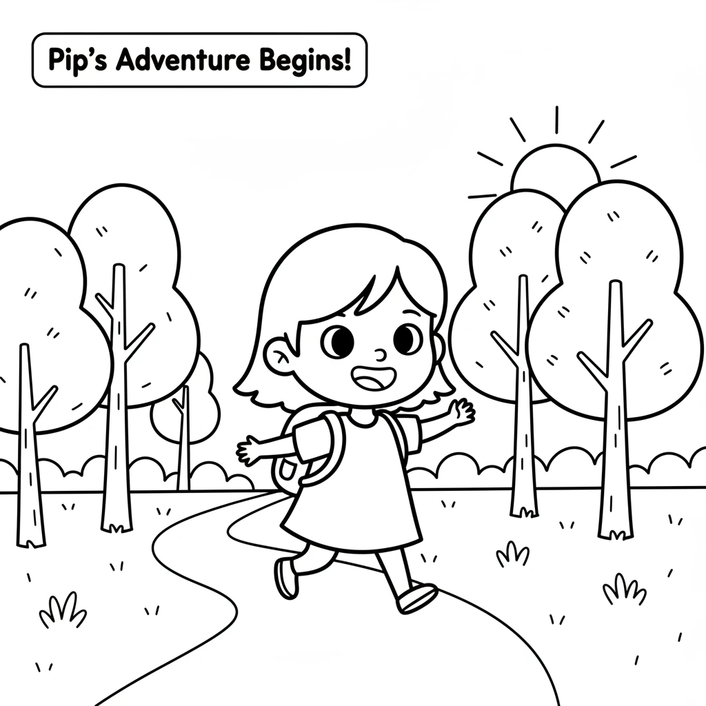 Pip puts on a tiny backpack and sets off into the cheerful forest path. The sun peeks through the simple trees.