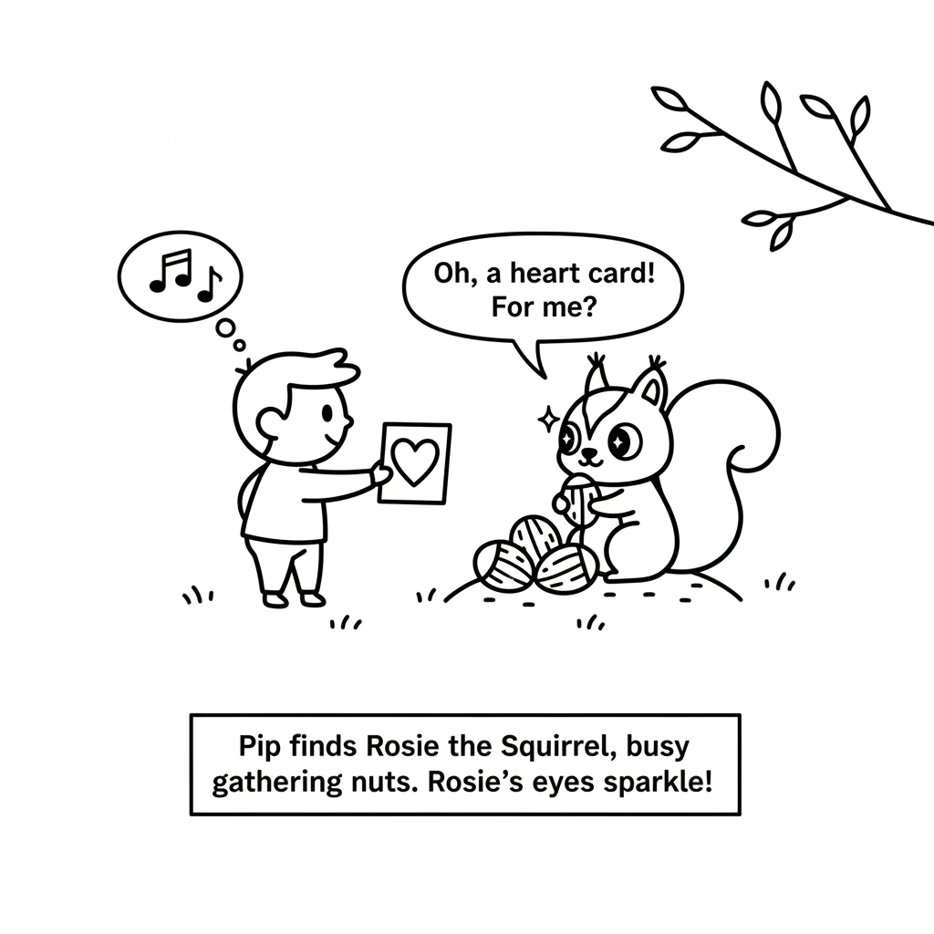 First, Pip finds Rosie the Squirrel, busy gathering nuts. Rosie's eyes sparkle when she receives her heart card.