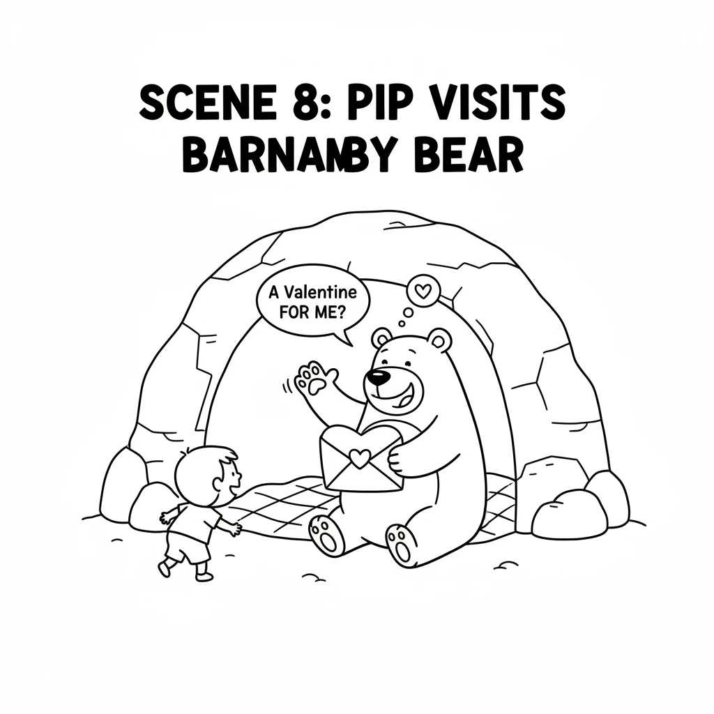 Next, Pip tiptoes to Barnaby Bear's cozy cave. Barnaby gives a sleepy smile as he opens his Valentine.