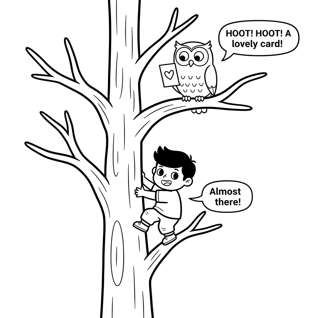Finally, Pip climbs a tall tree to reach Olivia Owl. Olivia hoots softly, admiring her beautiful card.