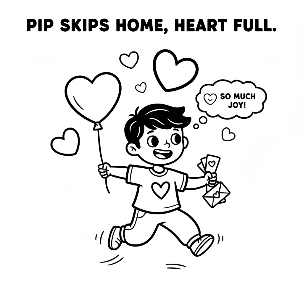Pip skips home, feeling warm and fuzzy. Every friend has a special Valentine, and Pip's heart is full of joy.