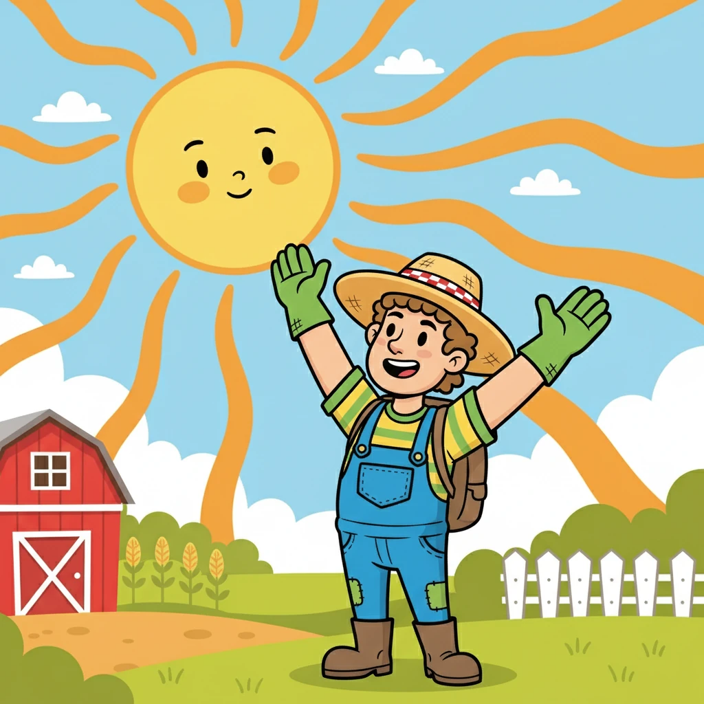 Farmer Finn loves his farm! He wakes up every morning to a bright sun. The first word is SUN. The sun is yellow and warm.