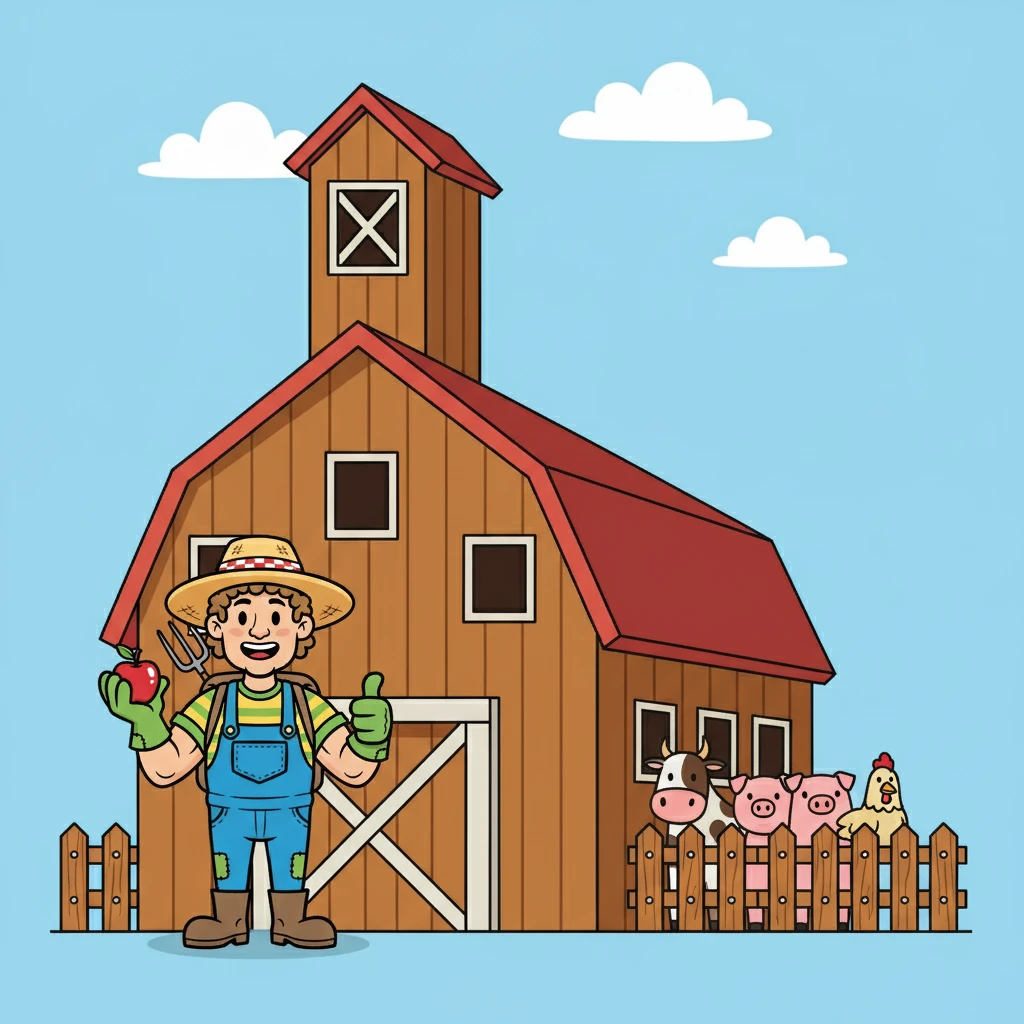 Next, Farmer Finn finds a tall, brown BARN. The barn is where the animals live. It's a very big barn.