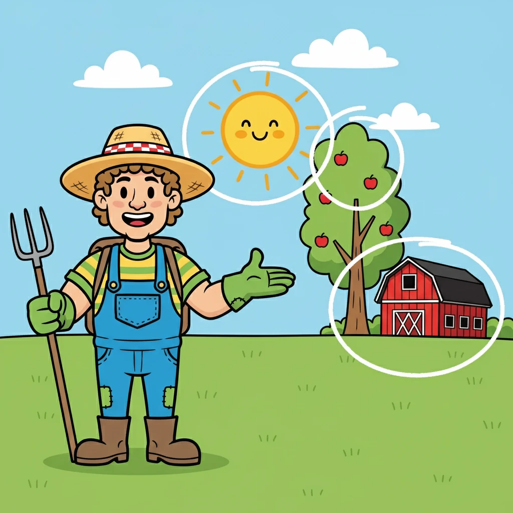 Let's play a game! Can you circle the sun, the tree, and the barn?