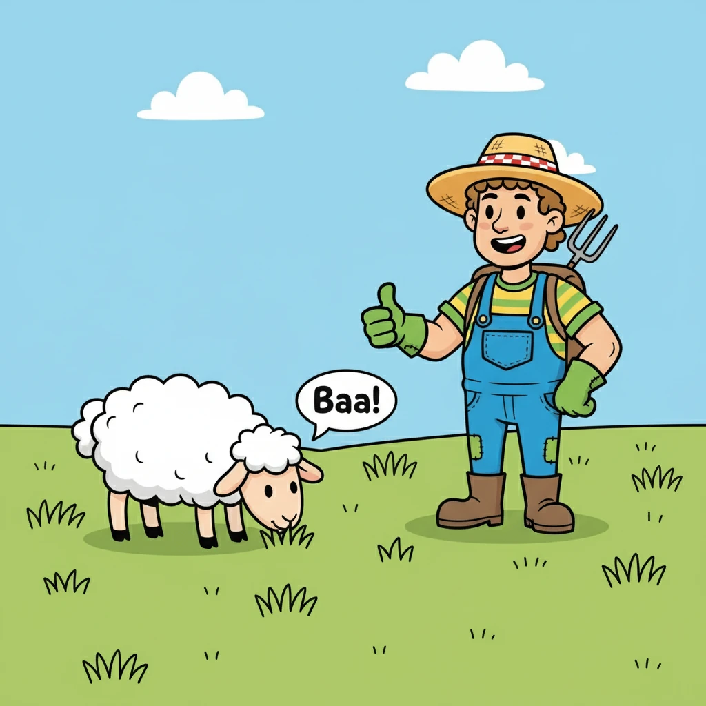 Farmer Finn has a fluffy white SHEEP. The sheep eats grass in the field. The sheep says, "Baa!"