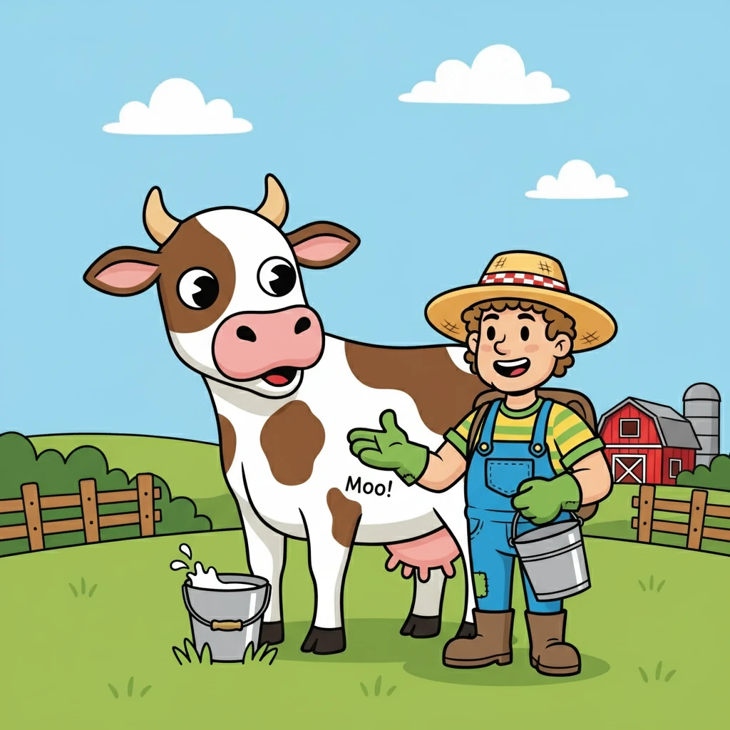 Farmer Finn also has a big, brown COW. The cow gives milk. The cow says, "Moo!"