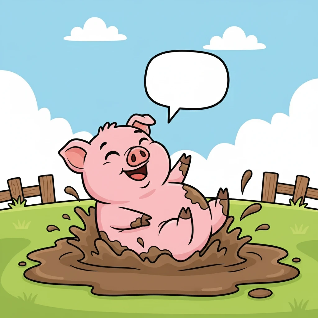 There is a little, pink PIG. The pig loves to roll in the mud. The pig says, "Oink!"